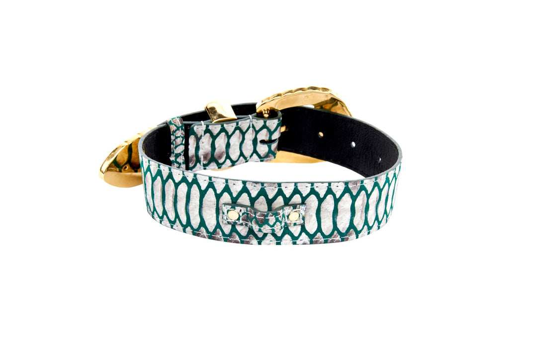 Green &amp; Off White Embossed Python Print Italian Leather With Ornate Swarovski Crystal Hardware