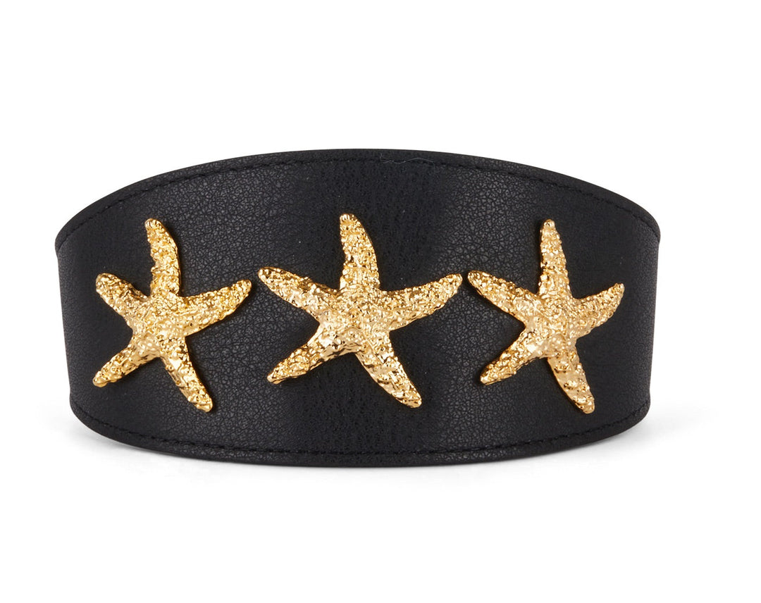 Smooth Black Italian Leather 3” Wide Style Collar With Gold Custom Starfish