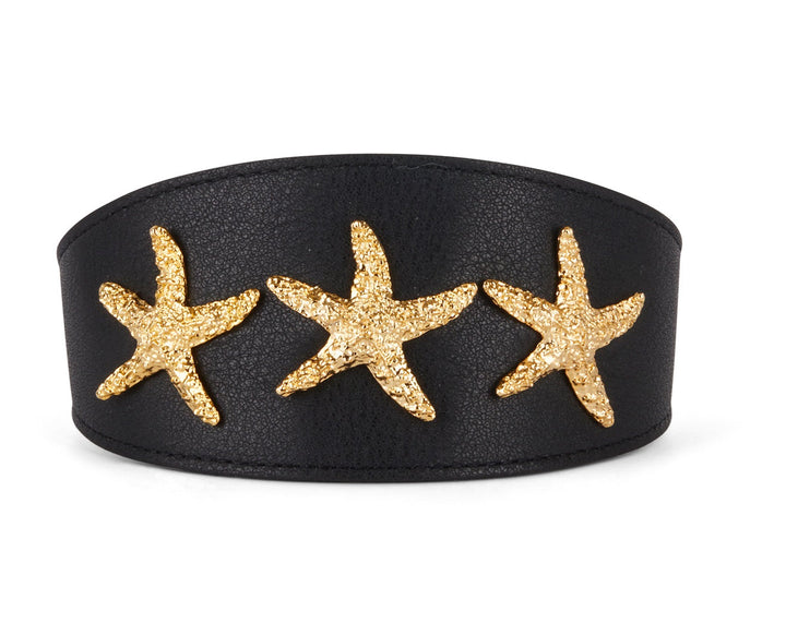 Smooth Black Italian Leather 3” Wide Style Collar With Gold Custom Starfish