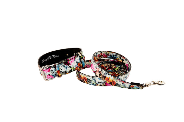 Floral, Scull, Snake Print Italian Leather Classic Collar &amp; Leash Set