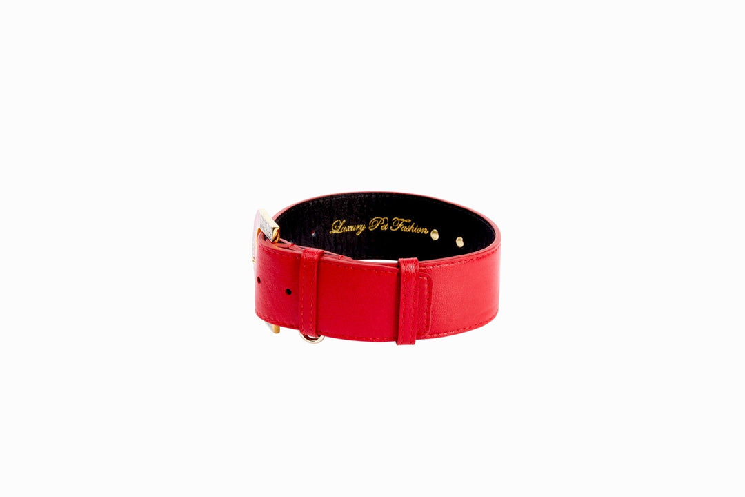 Red Italian Leather Collar With Hollywood Glam Italian Hardware