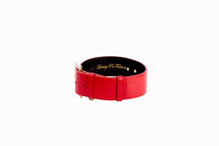 Red Italian Leather Collar With Hollywood Glam Italian Hardware