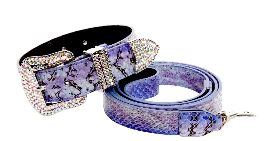 Purple/Silver/Black Custom Iridescent Snake/Swarovski Crystal Collar &amp; Leash Set