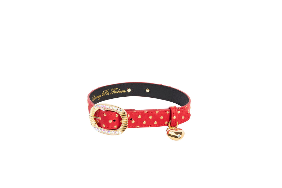 Red &amp; Gold Polka Dot Italian Leather Collar With Italian/Swarovski Hardware &amp; Heart Charm