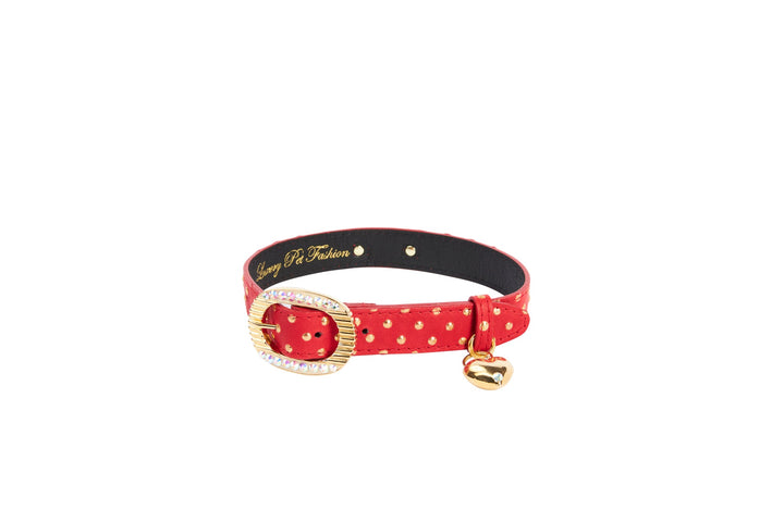 Red &amp; Gold Polka Dot Italian Leather Collar With Italian/Swarovski Hardware &amp; Heart Charm