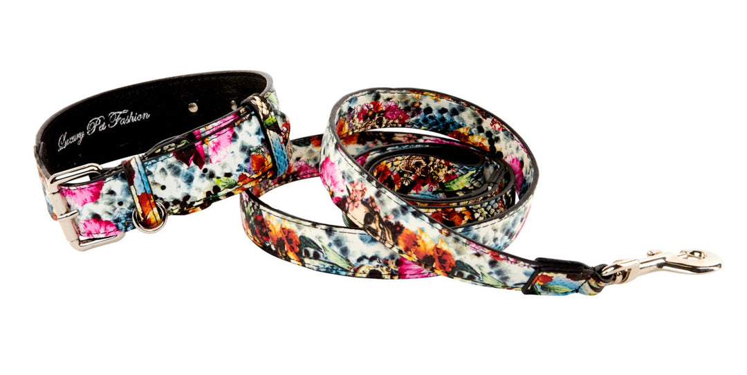 Floral, Scull, Snake Print Italian Leather Classic Collar &amp; Leash Set
