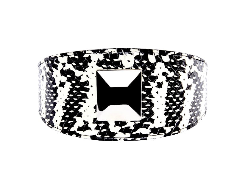 Black &amp; White Snake Wide Style 3”Collar With Large Silver Rivet