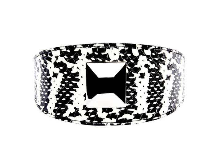 Black &amp; White Snake Wide Style 3”Collar With Large Silver Rivet