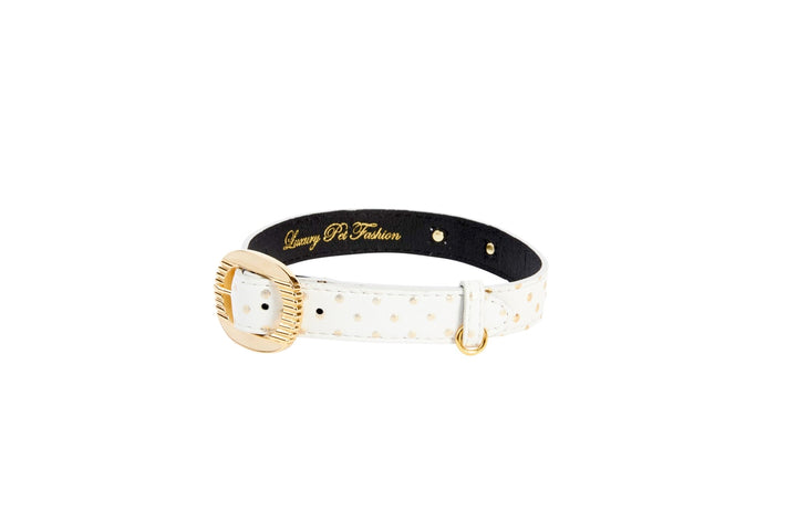 White &amp; Gold Polka Dot Italian Leather Collar With Orante Italian Hardware