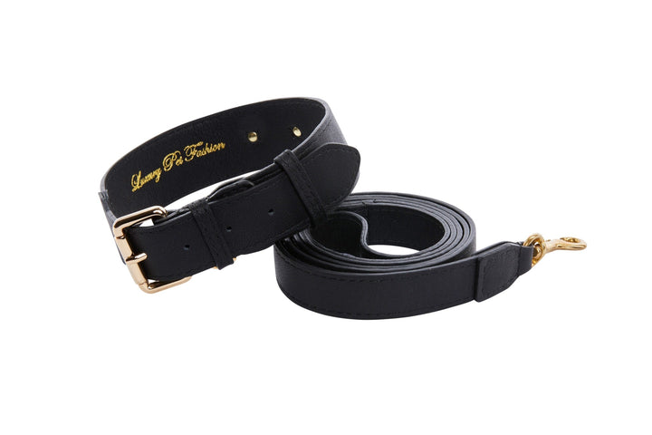 Classic Black Italian Leather Collar &amp; Leash Set