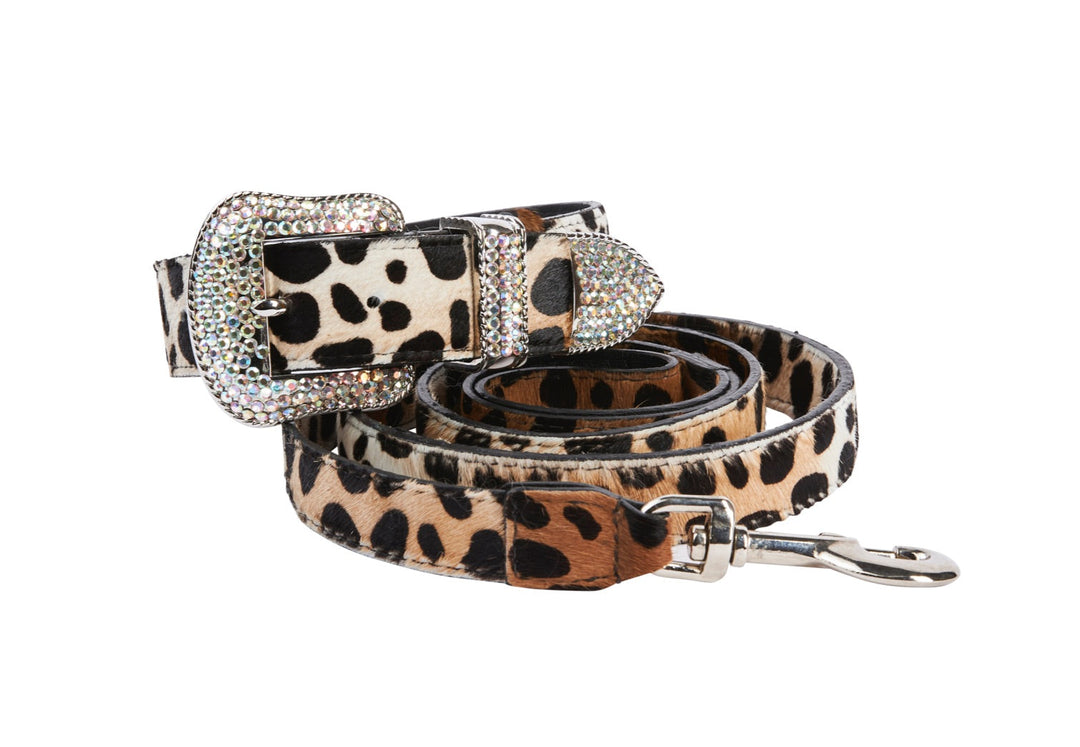 Snow Leopard Hair On Hide Swarovski Collar &amp; Leas Set