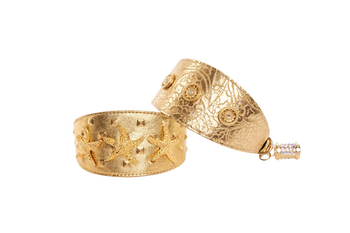 Set Of Gold Floral Italian Leather With Swarovski Sunflowers &amp; Gold Studded Italian Leather Starfish  3” Wide Style Collars
