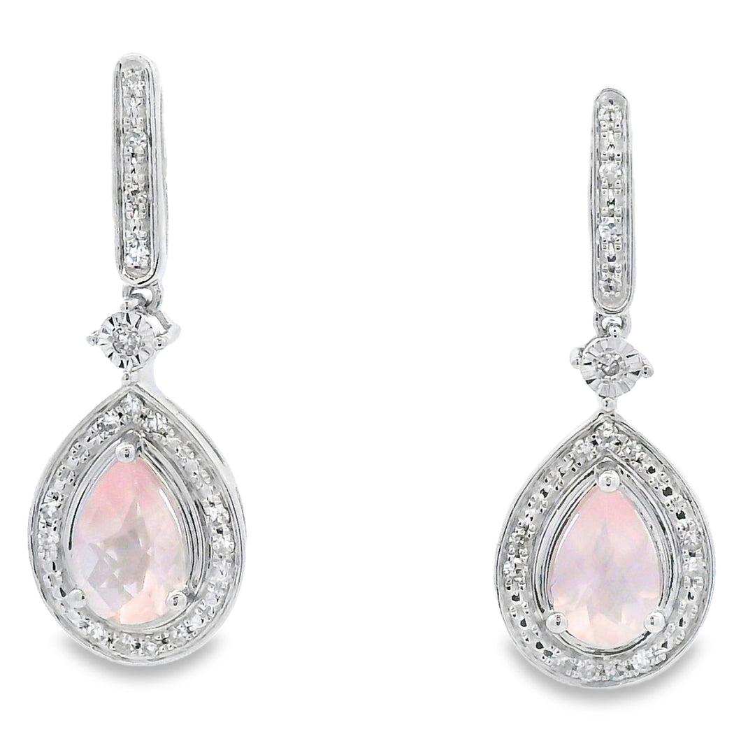 Rose Quartz Diamond Dangle Earrings 10KT White Gold