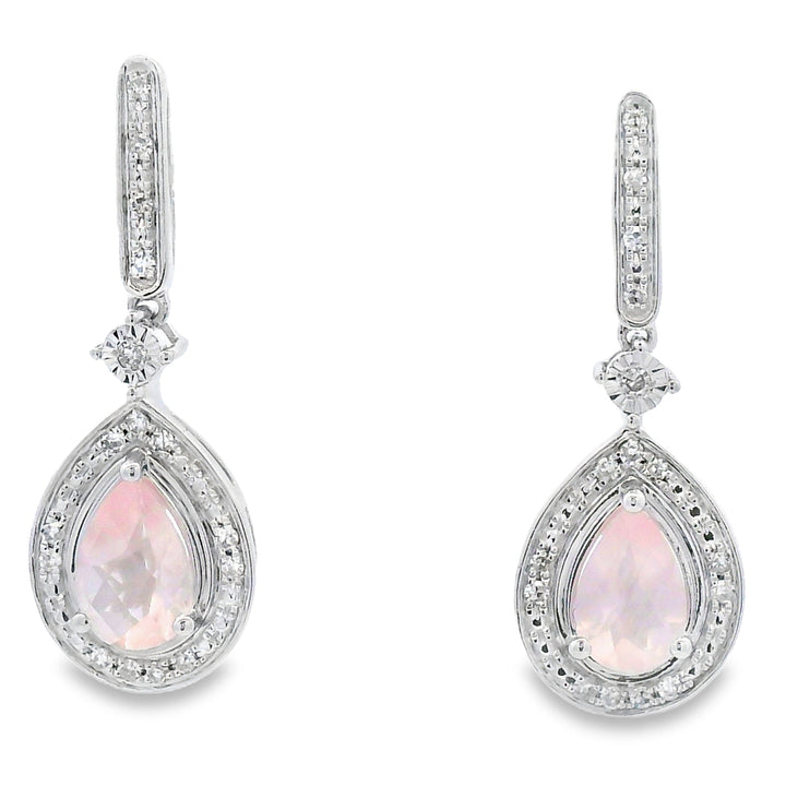 Rose Quartz Diamond Dangle Earrings 10KT White Gold