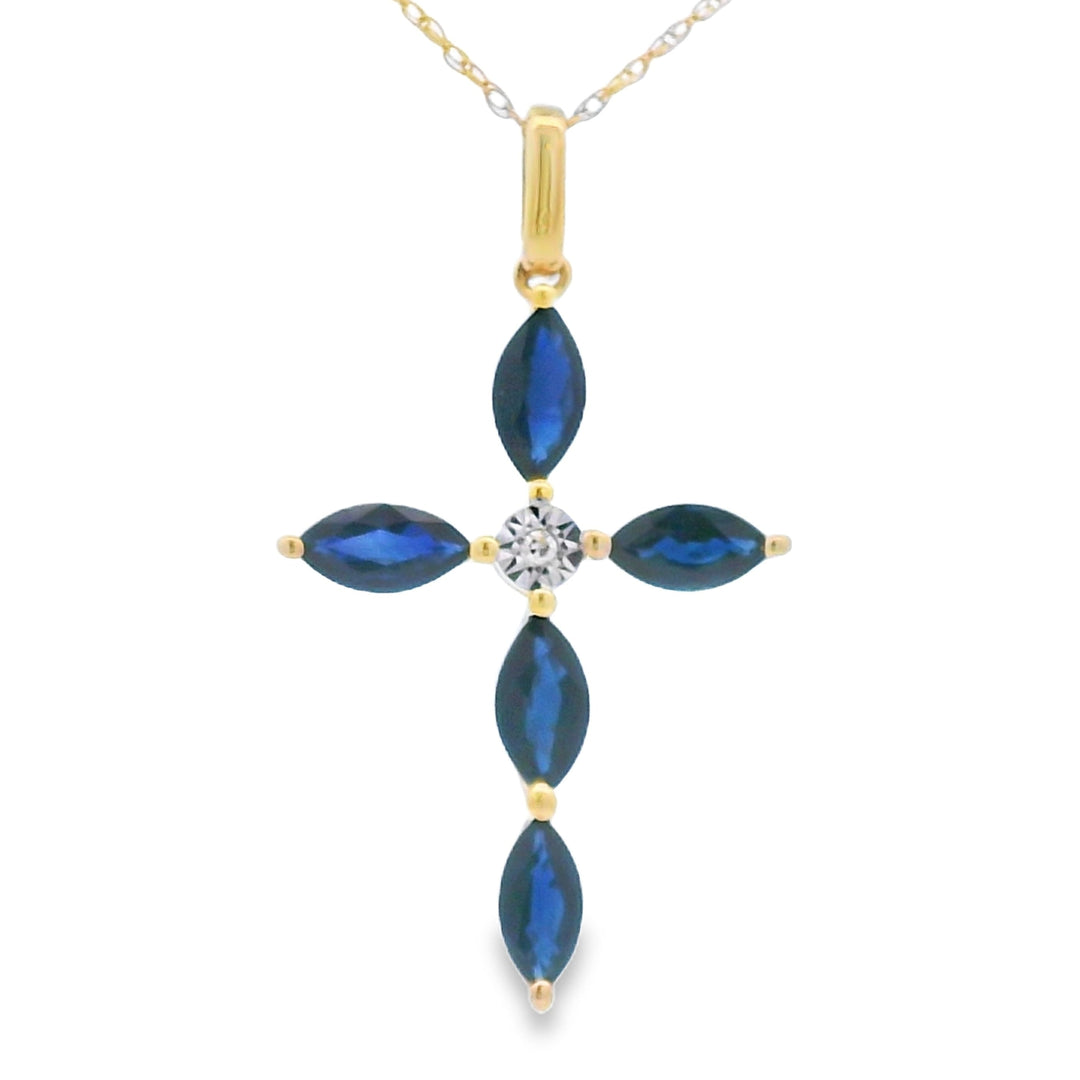 Sapphire Cross Religious Pendant 10KT Yellow Gold