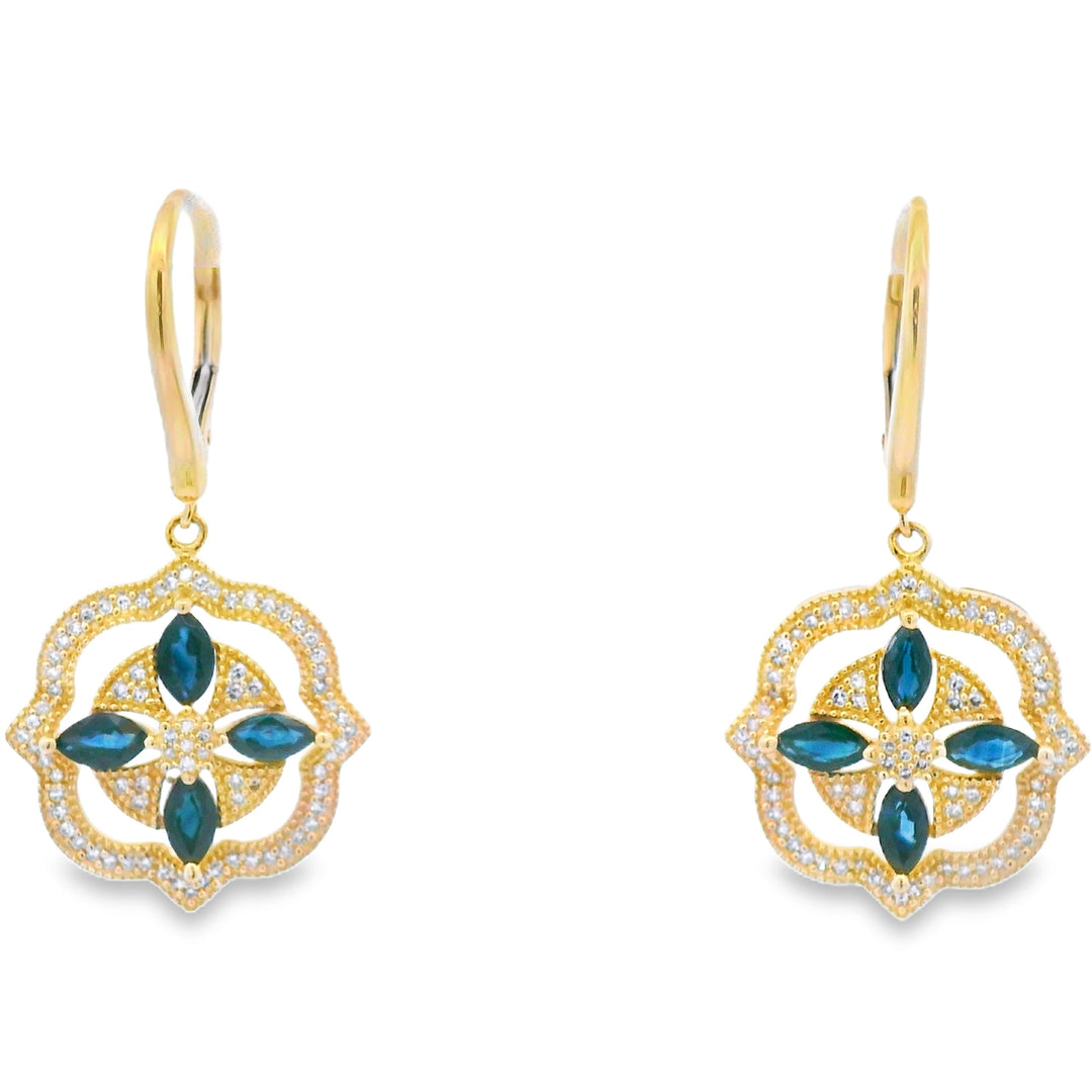 Sapphire Diamond Dangle Earrings 14KT Yellow Gold