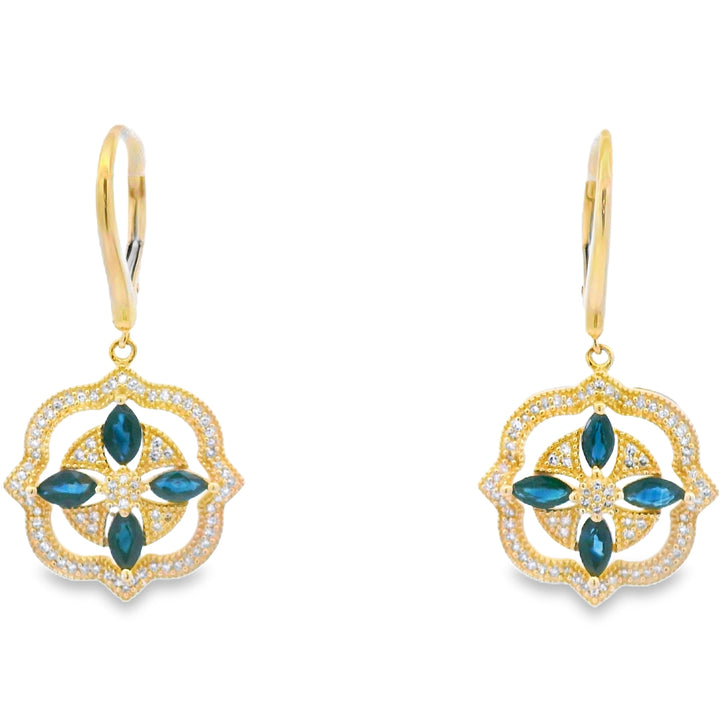 Sapphire Diamond Dangle Earrings 14KT Yellow Gold