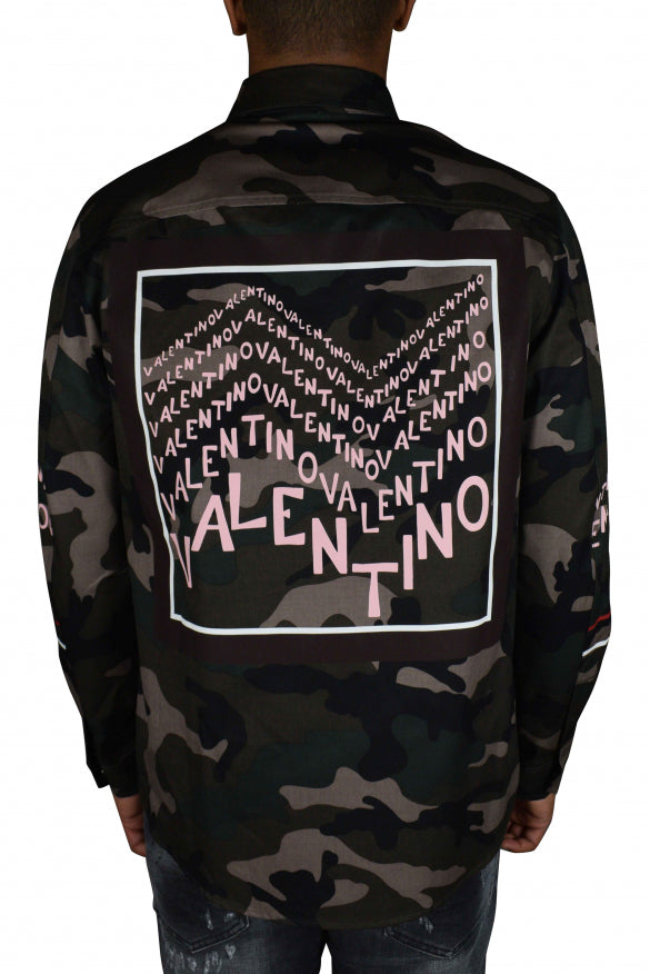 Camouflage jacket with 'Valentino' branding on the back