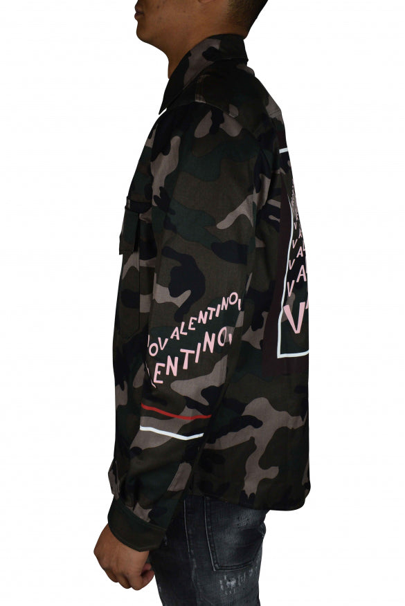 Camouflage shirt with branding on a white background