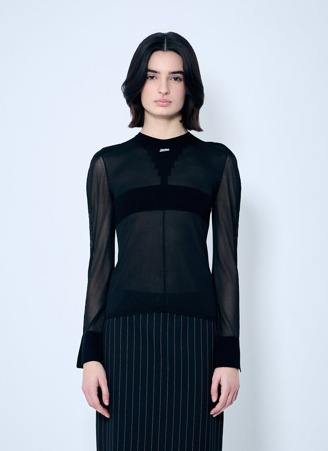 Woman wearing a black outfit with sheer sleeves against a white background
