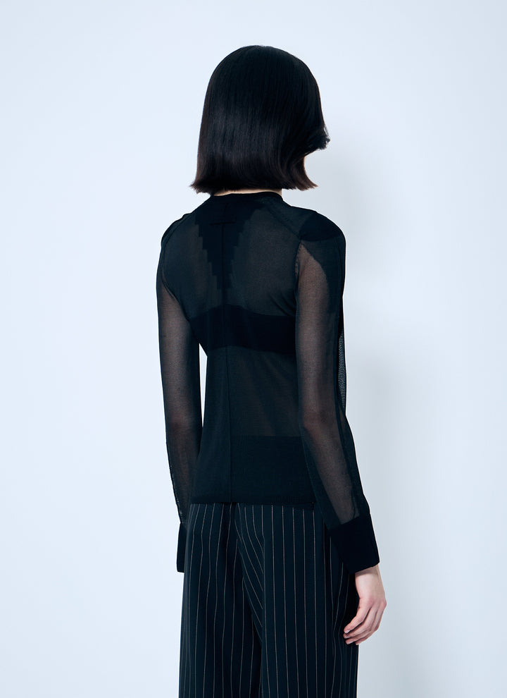 Person wearing a black sheer top and dark pants against a white background