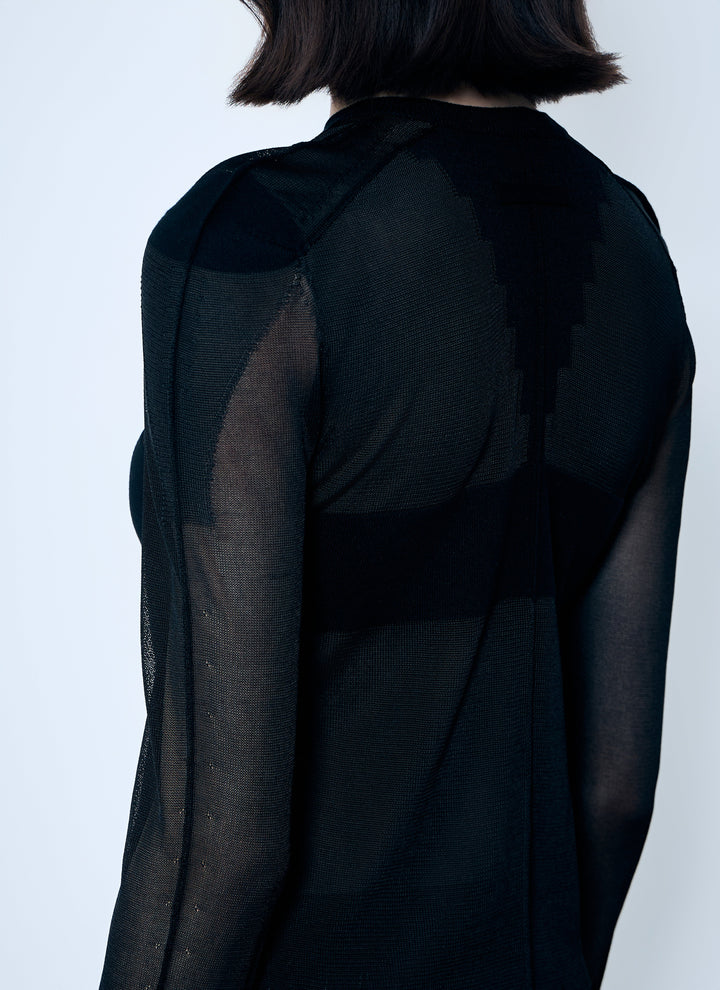 Black sheer long-sleeve top on a plain background