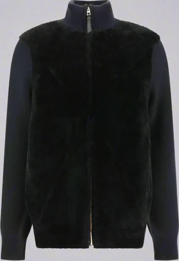 Black jacket with fur collar on a white background