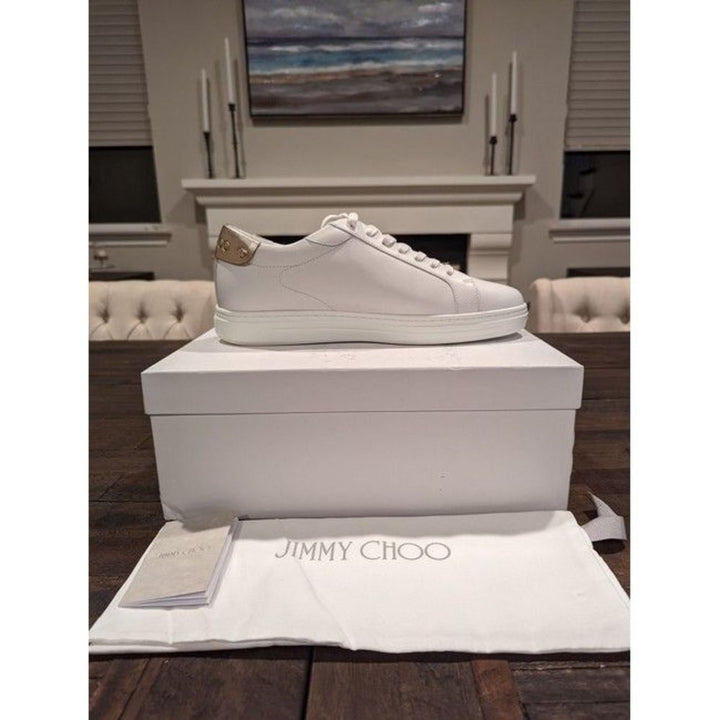 Jimmy Choo Women White Rome Metallic-Trimmed Leather Sneakers