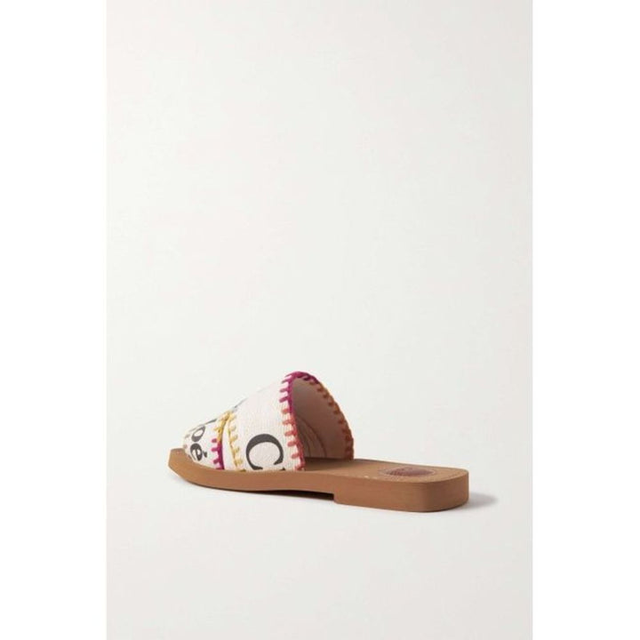 Chloe Women White Woody Embroidered Logo-Print Canvas Slides Sandals