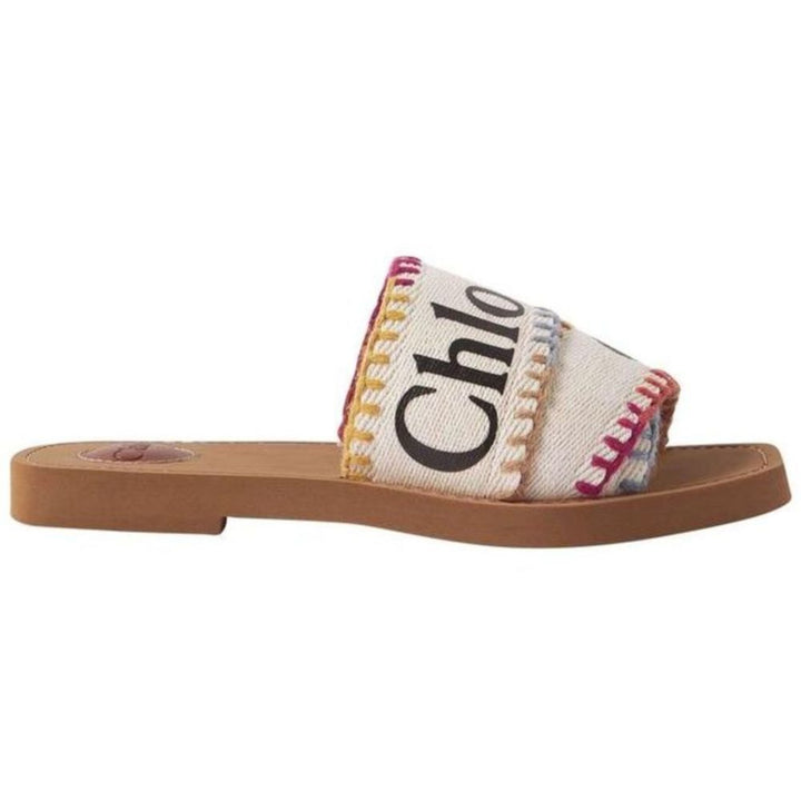 Chloe Women White Woody Embroidered Logo-Print Canvas Slides Sandals