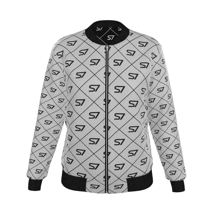 A light gray zip-up jacket featuring an all-over black geometric diamond pattern with stylized &
