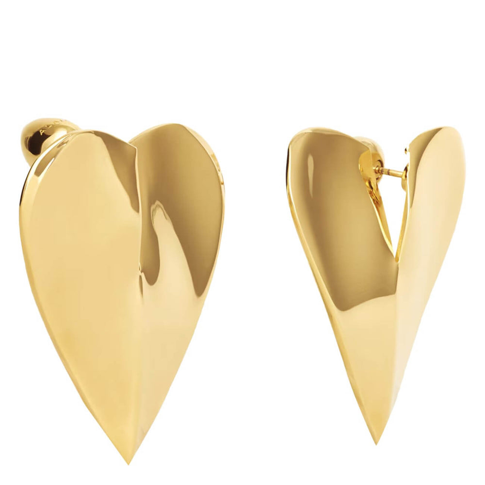 Gold heart-shaped earrings on a white background