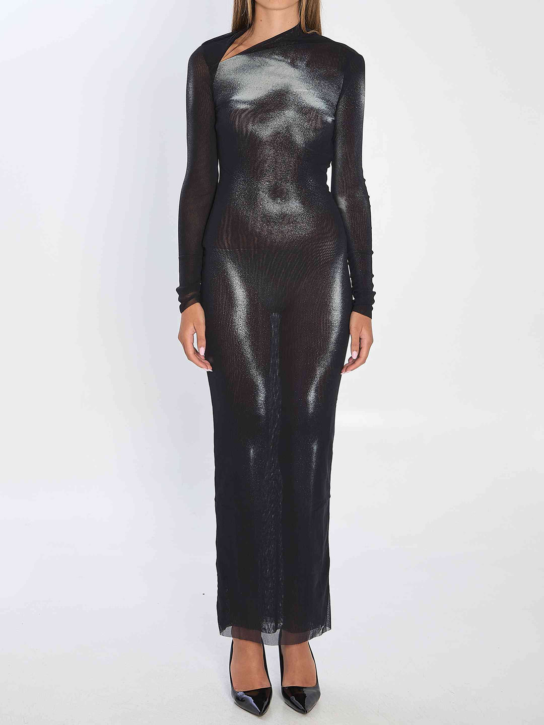 Black sheer long-sleeve dress on a white background