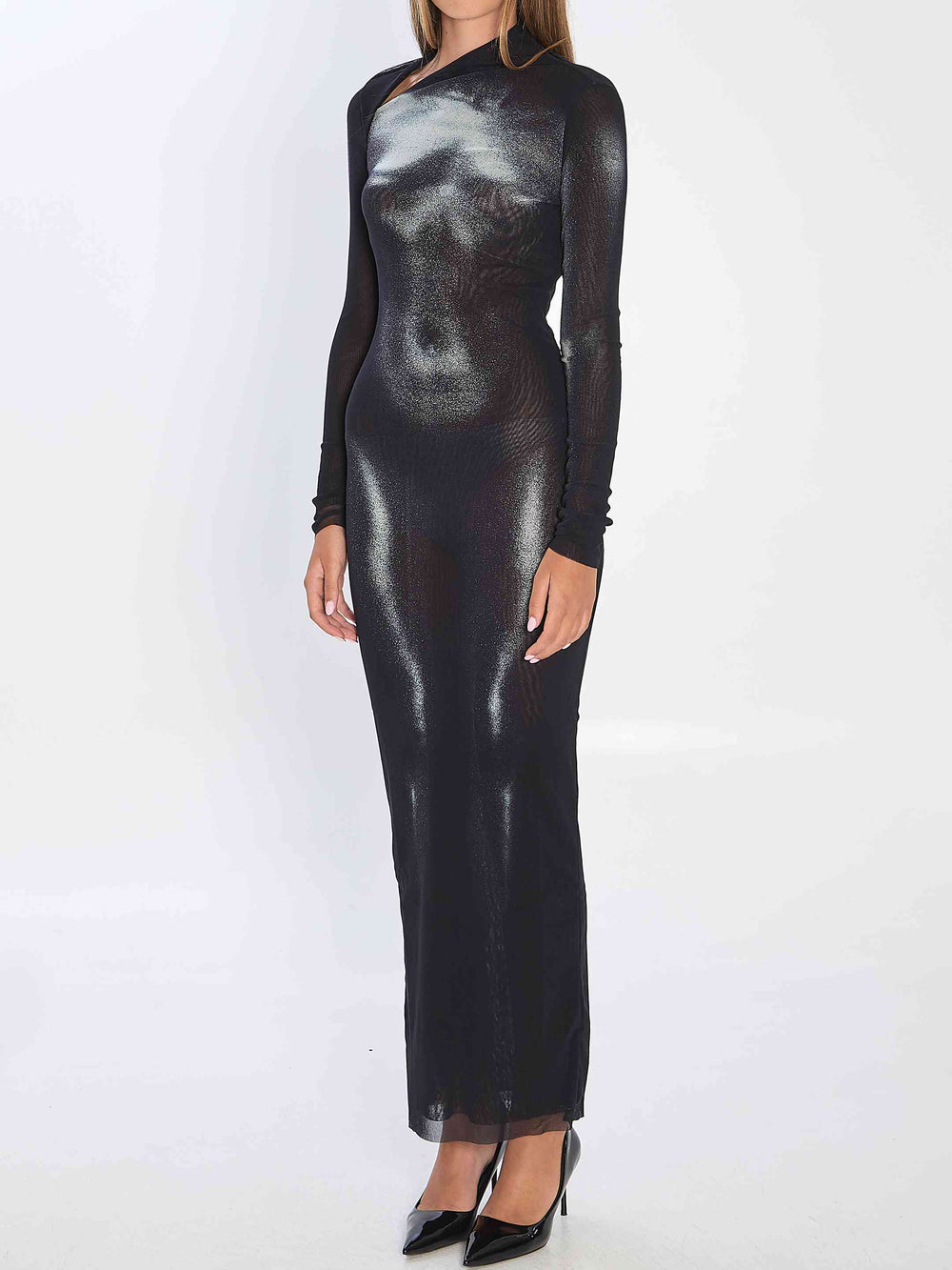 Black metallic long-sleeve dress on a white background