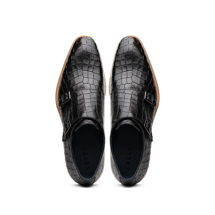 55-112-BLK LEGERRA Hand Burnished Crocodile Print Monkstrap Black