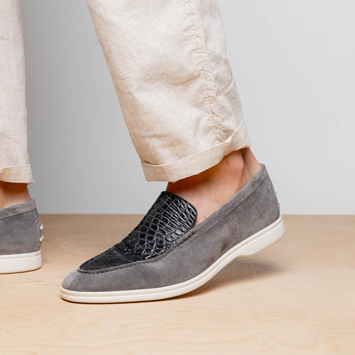 11-603-GRY BENE Sueded Italian Goatskin & Crocodile Loafer Grey