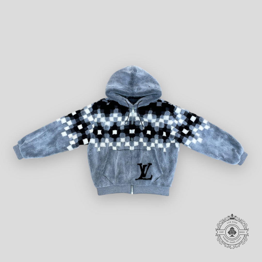 Gray hoodie with black and white pattern on a light gray background