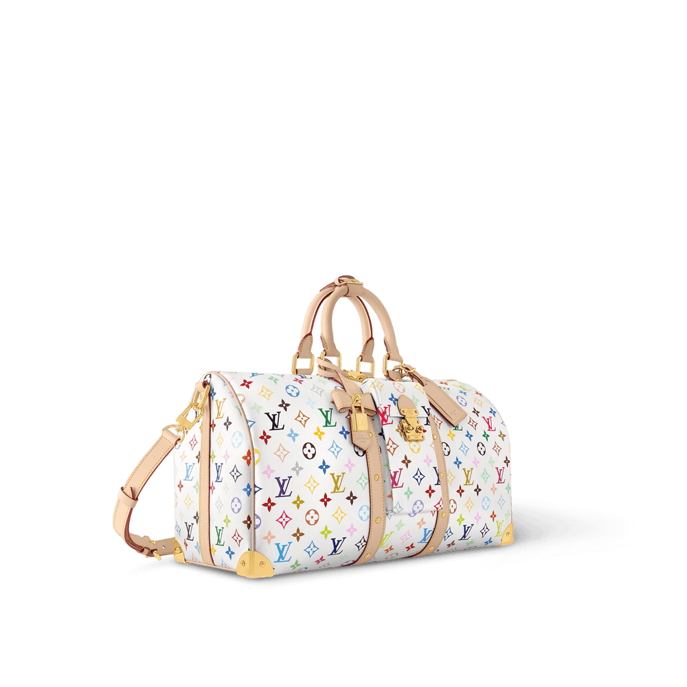 Louis Vuitton x Takashi Murakami Keepall Bandouliere 45 White Multicolored side view with multicolored monogram.