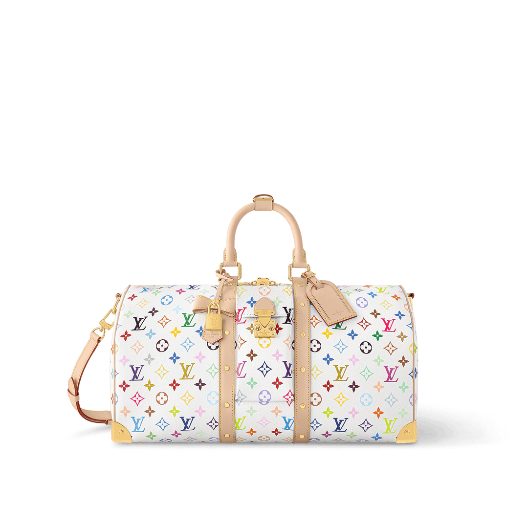 Louis Vuitton x Takashi Murakami Keepall Bandouliere 45 White Multicolored luxury handbag with multicolored monogram.