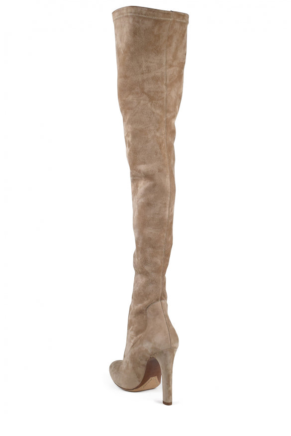 Beige suede over-the-knee boot on a white background