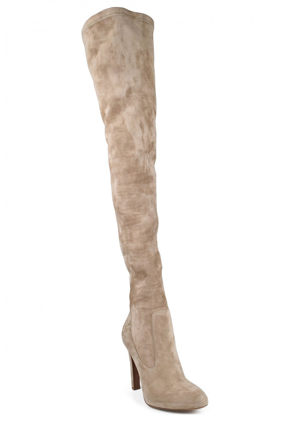 Beige suede over-the-knee boot on a white background