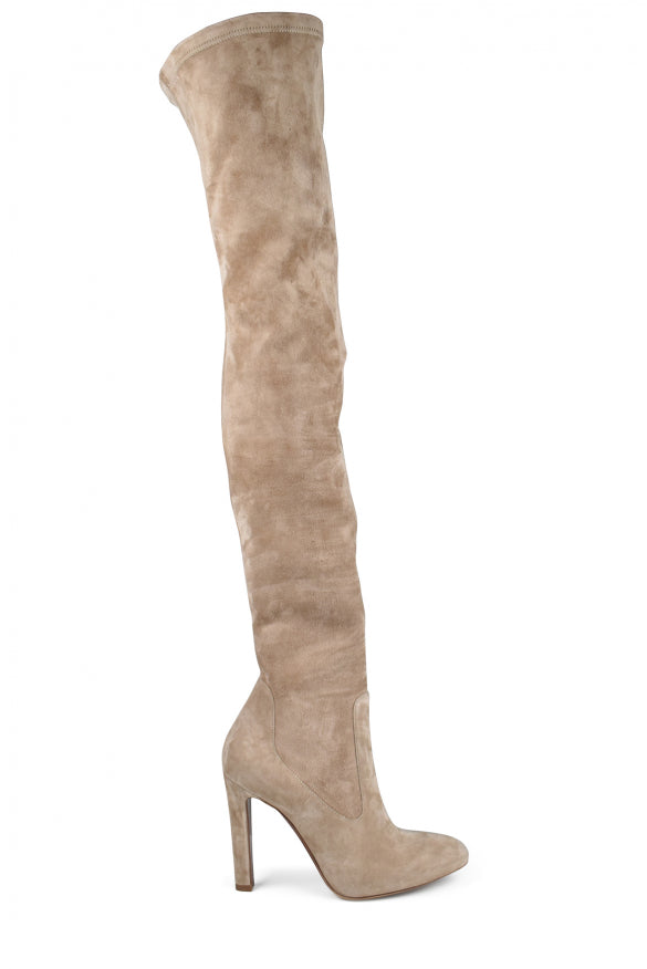 Beige suede over-the-knee boot on a white background