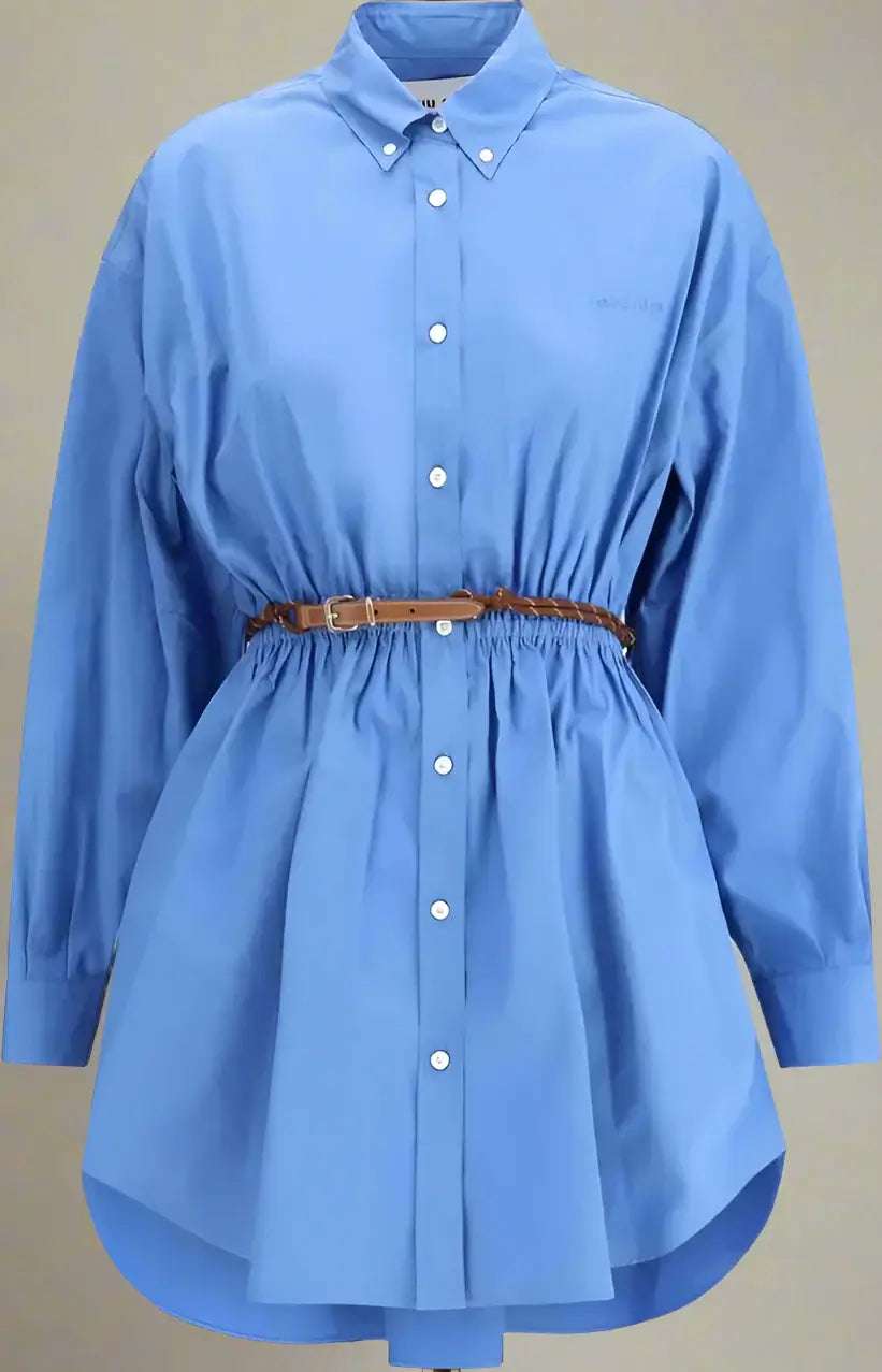 MIU MIU blue Chemisier Dress with white button ups and brown leather belt