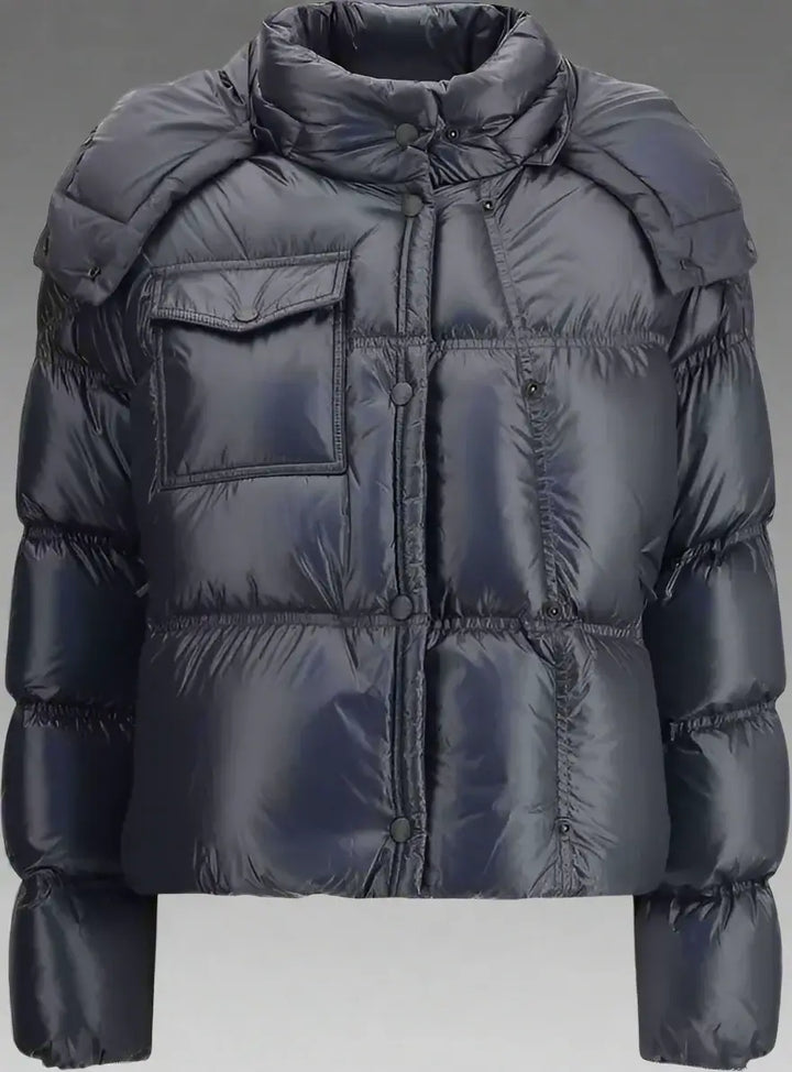 Dark blue puffer jacket with a hood on a white background