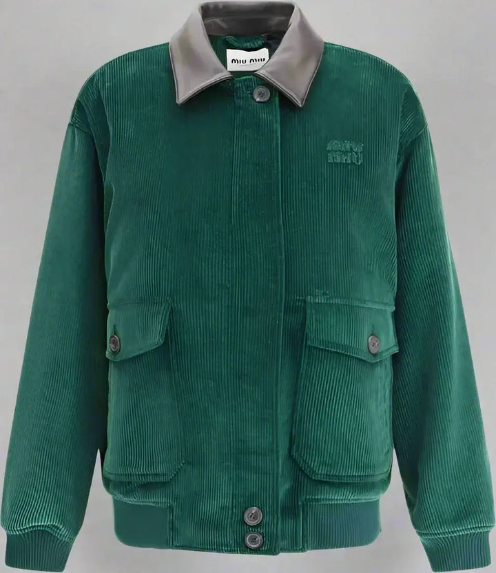 Green corduroy jacket with gray collar on a white background
