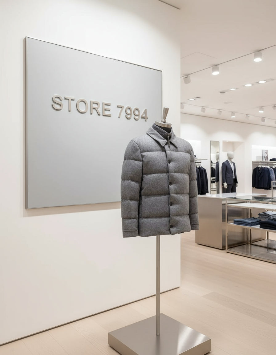 Gray puffer jacket with button details on a white background