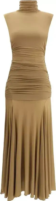Beige dress on a mannequin with a plain background