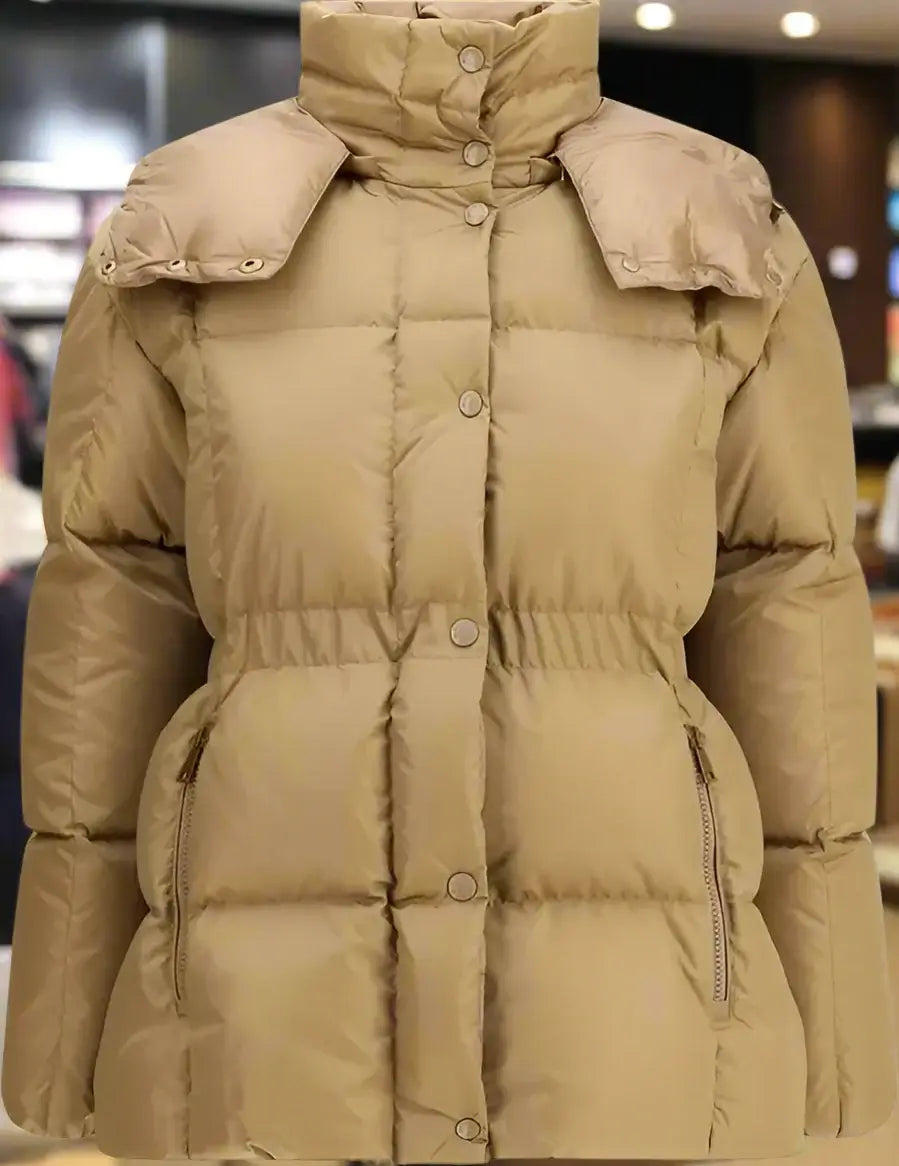 Beige puffer jacket with a fur-lined hood on a white background