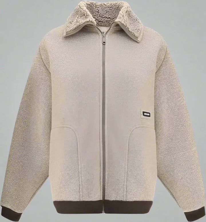 Beige fleece jacket with a sherpa collar on a white background