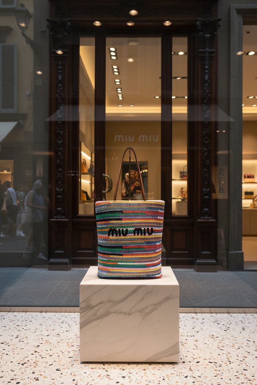 Colorful striped bag with 'Miu Miu' logo on a white background